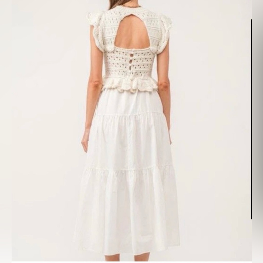 Sofie The Label Cream Knit Maxi Dress Crochet Tiered Sz Small Missing A Button